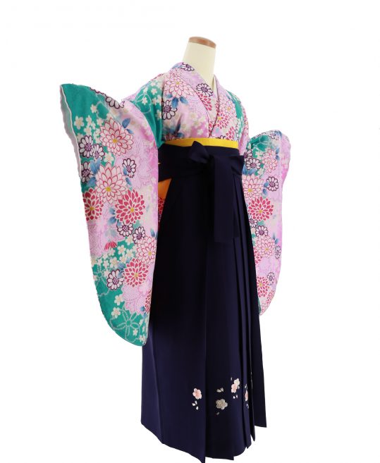 卒業式袴レンタルNo.726[ガーリー]青緑×ピンク×紫グラデ・菊桜